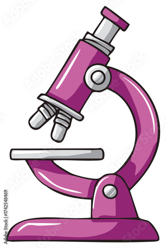 Colorful cartoon illustration of a pink microscope for science education, biology class, and laboratory research