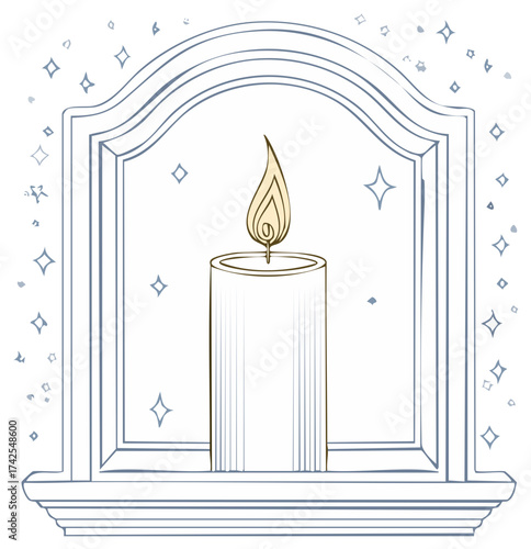 Elegant Candle Illustration with Sparkles, Candle Flame in Archway Frame, Magic Candle
