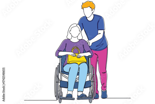 Vector art of continuous line drawing of a caregiver pushing senior woman in wheelchair