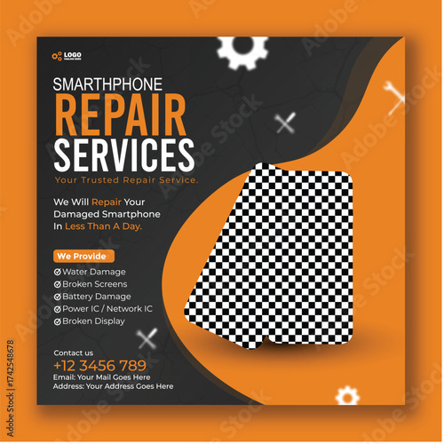 Smartphone repair services promotion banner for social media marketing campaign