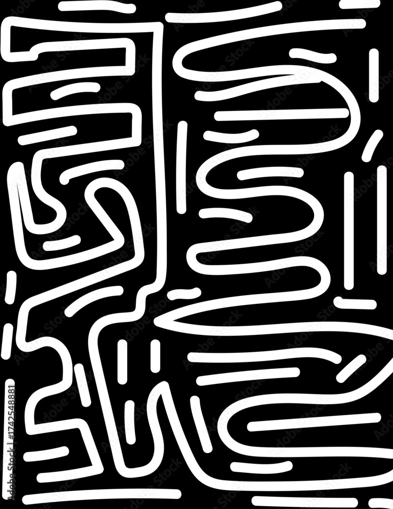 Fototapeta premium Abstract art with white lines making pattern and curves over black background.
