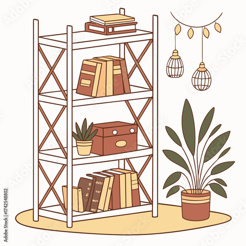 Cozy minimalist interior scene with a white bookshelf filled with books and decor