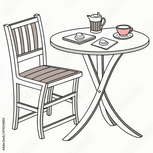 Cozy outdoor cafe table and chair setting with coffee and pastries on a white background