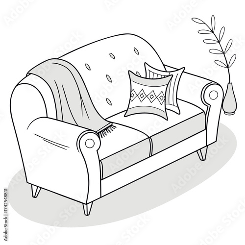 Cozy two seater sofa with decorative pillows and a draped blanket minimalist line art illustration