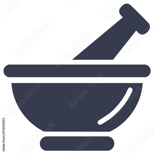 Dark blue mortar and pestle illustration, apothecary and pharmacy symbol.