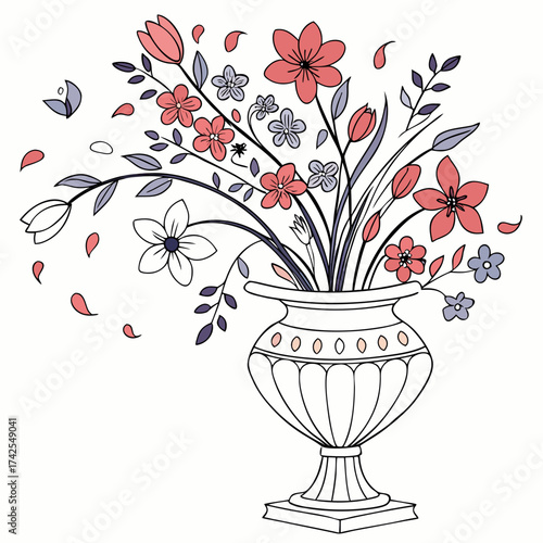 Elegant floral arrangement in a classic urn vase with delicate petals scattered around