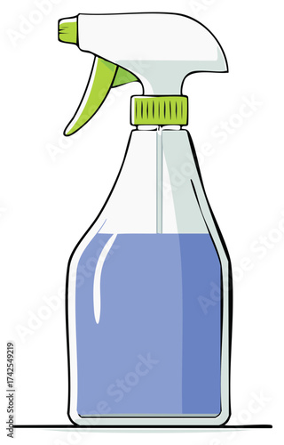 Illustration of a Clear Plastic Spray Bottle Filled with Blue Liquid for Cleaning or Gardening