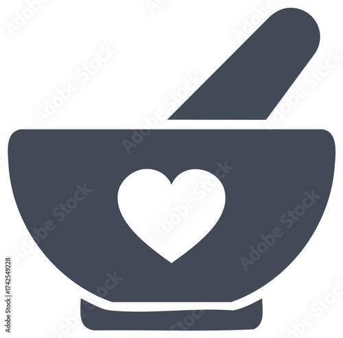 Herbal Medicine: Grinding Herbs with Mortar and Pestle Icon Featuring Heart Design for Healing, Wellness and Love
