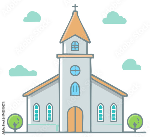 Cute cartoon church building illustration with a cross and steeple