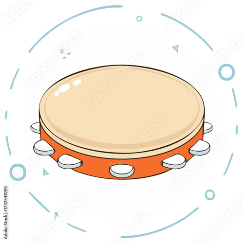 Illustrated tambourine with jingles, cartoon style musical instrument, percussion with a simplistic and fun decorative circle around
