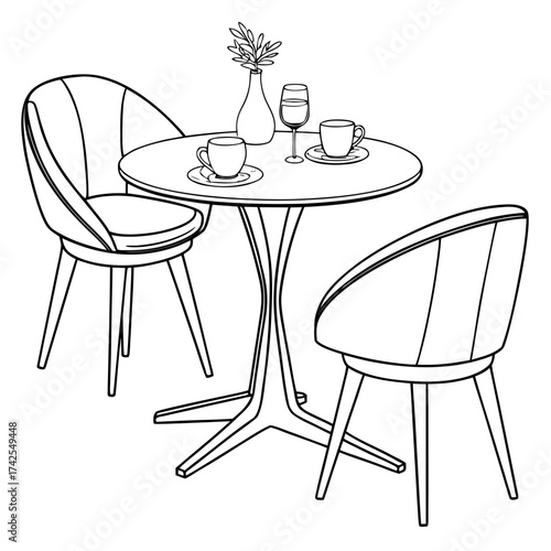 Minimalist line art drawing of a small round table with two chairs coffee cups and a vase of greenery