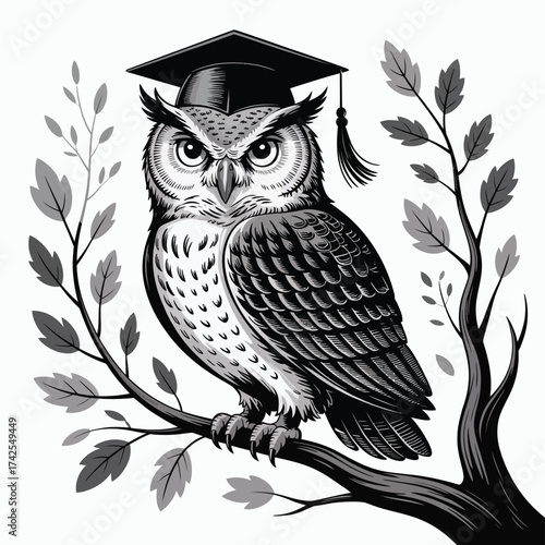 Detailed black and white illustration of an educated owl perched on a branch vector