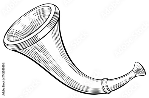 Classic Hunting Horn Musical Instrument Engraved Line Art Illustration Vintage Style