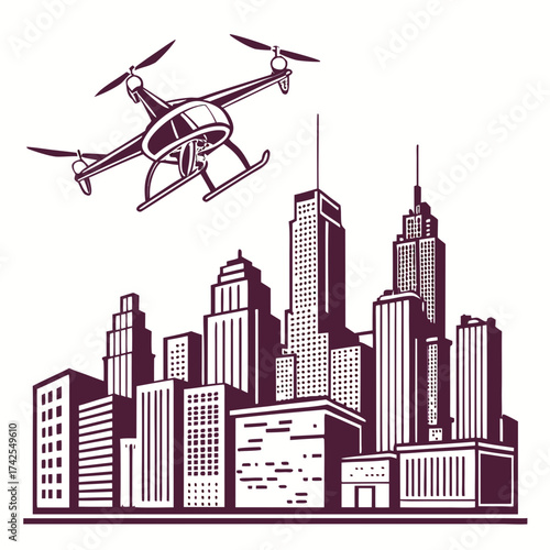 Modern drone flying over a stylized city skyline with tall buildings and skyscrapers