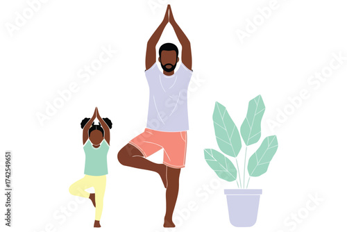 Vector art of father and daughter doing yoga tree pose, family fitness and healthy lifestyle