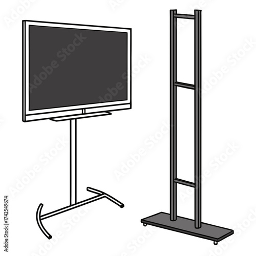 Modern flat screen television on a sleek stand next to a tall display stand on white background