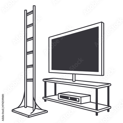 Modern flat screen television on a stand with a media console and a tall decorative element