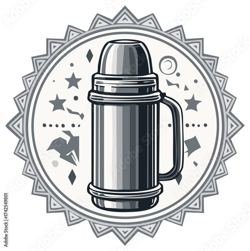 Retro styled emblem with thermos and decorative elements