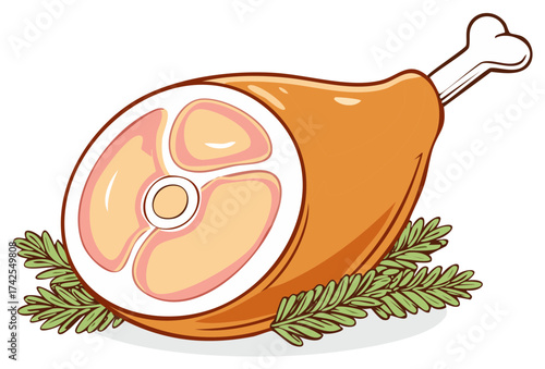 Ham hock cut with bone and rosemary sprigs. Culinary carving of meat, pork cut