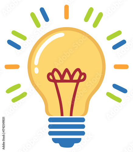 Bright yellow light bulb with colorful rays of light emanating outward representing ideas and innovation.