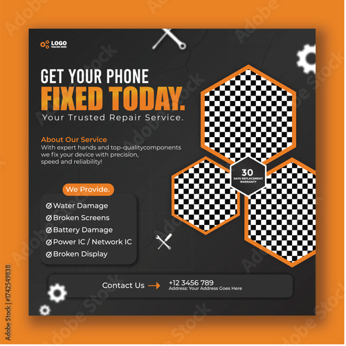 Get your phone fixed today social media post template design for repair service