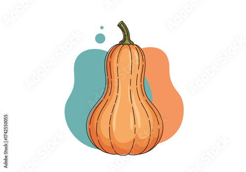 An elongated orange squash with green stem and abstract colorful shapes in the background.