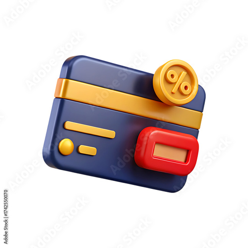 3d render of a credit card with percentage symbol and discount icon for finance and shopping concepts transparent background