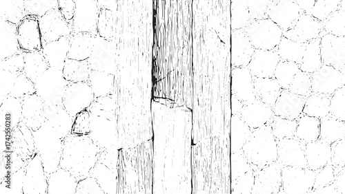 Broken cracked surface. Vector illustration. Monochrome of coarse soil. Grunge textured, distressed, scratched, vintage, weathered, aged, concrete, stone, vectors design on transparent background.