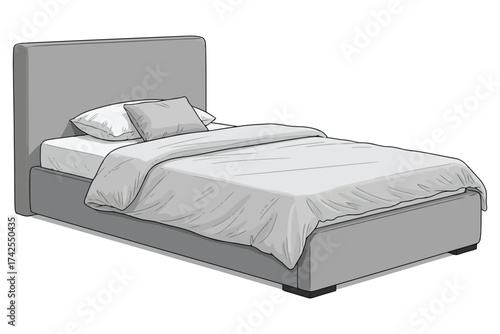 Illustration of a bed with pillows and blanket hand drawn style