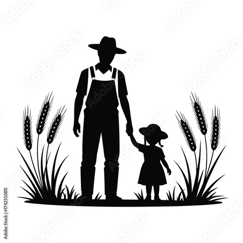 Farmer and child silhouette in wheat field vector illustration for eps file vector