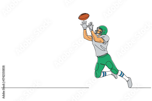 Vector art of american football player catching a pass in midair in line art style