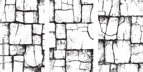 Crackle Paint Overlay Black and White Grunge Vector Texture with Cracks, Stains, set Splashes Black Wall wooden Dark Cracked Grainy with Dust Overlay and Scratches vectors design on whit  background