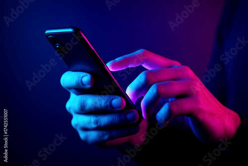 Person's hands using a smartphone illuminated by pink and blue neon lights mobile phone technology