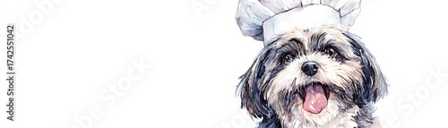 Openmouth Shih Tzu with tongue out, highlighting specific genetics and joyful nature. A cheerful dog wearing a chef's hat, ready to whip up delicious meals in a playful kitchen setting.