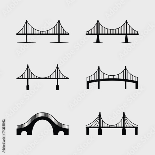 Set of six scalable vector illustrations of different bridge types icon collection vector