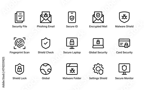 A detailed Cyber Defense Essentials icon set featuring security shields, fingerprint scans, malware protection, phishing alerts, and global data safety visuals.