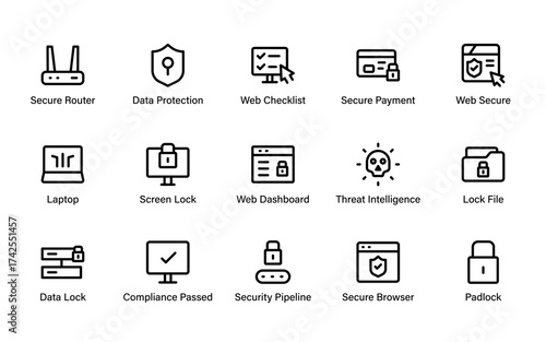 Professional Data Security and Privacy Protection Icon Set. featuring lock, secure browser, compliance, and cyber protection elements for digital platforms.