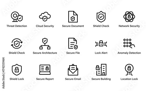 Modern Cyber Fortress Icons. secure building, lock shield, cloud protection, anomaly detection, and network security symbols for digital safety design.