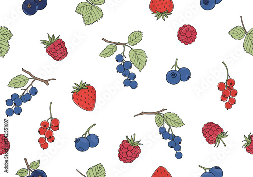 A vibrant and fresh pattern of assorted berries on a white background.