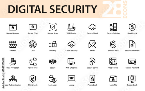 A modern digital security icon set featuring shields, locks, firewalls, secure browsers, and data protection symbols for cybersecurity and tech design projects.
