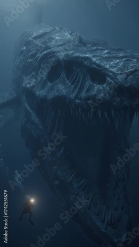 Gigantic Prehistoric Sea Monster Confronting a Diver in Deep Blue Ocean