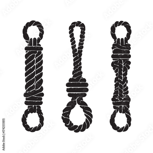Three different rope knots in black and white illustration