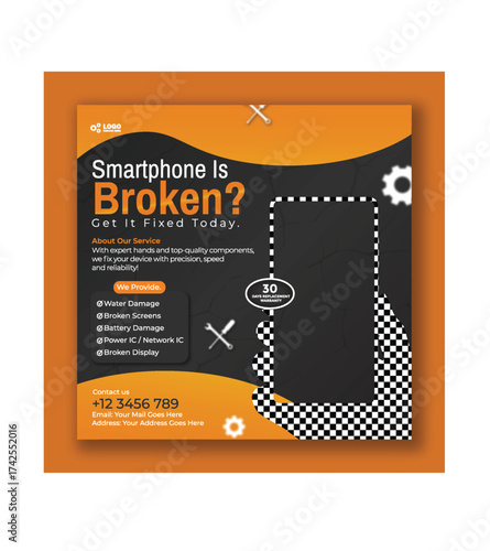 Smartphone repair service promotion template for social media post advertisement