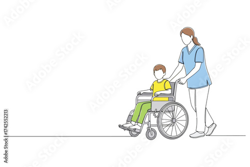 Vector art of nurse pushing a child in a wheelchair healthcare and assistance concept