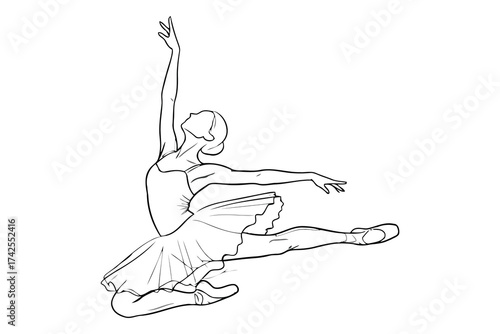 Vector art of elegant ballerina performing a graceful leap, a beautiful dance pose captured in a sketch
