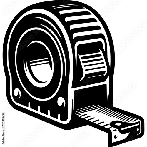 Tape Measure in Action: A bold, monochromatic illustration of a tape measure, a symbol of precision and measurement. Depicting the tool in a simple.