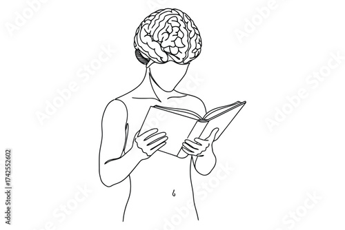 Vector art of person with brain head reading a book, conceptual illustration of knowledge and intellect