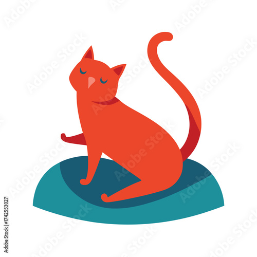 Orange cat sitting on a blue cushion Keywords: cat, orange cat, sitting, cushion, pet, animal