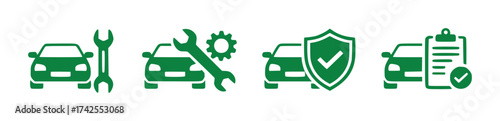Set of green car service and insurance icons on white background