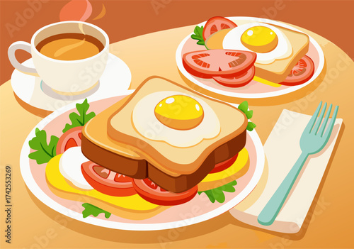 Flat Design Illustration of Croque Madame Sandwich Breakfast with Fried Egg and Coffee